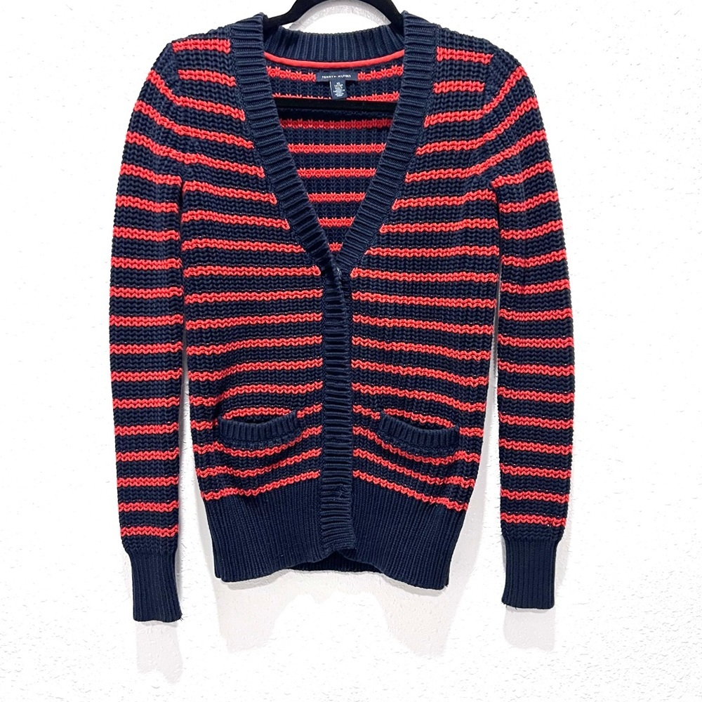 Tommy Hilfiger Navy and Red Striped Cardigan